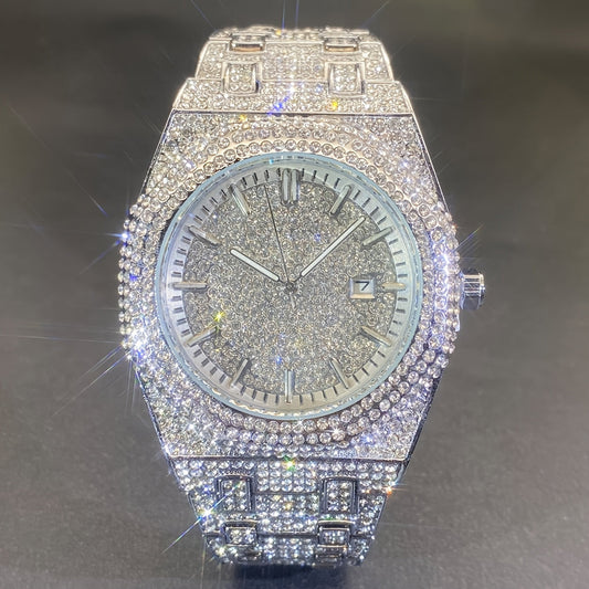 MISS FOX Glam Quartz Watch – Hip Hop Cuban Link, Rhinestone Accents, Luminous Calendar, Alloy Band, Unisex Luxury Fashion Watch for Men & Women, Silver & Gold
