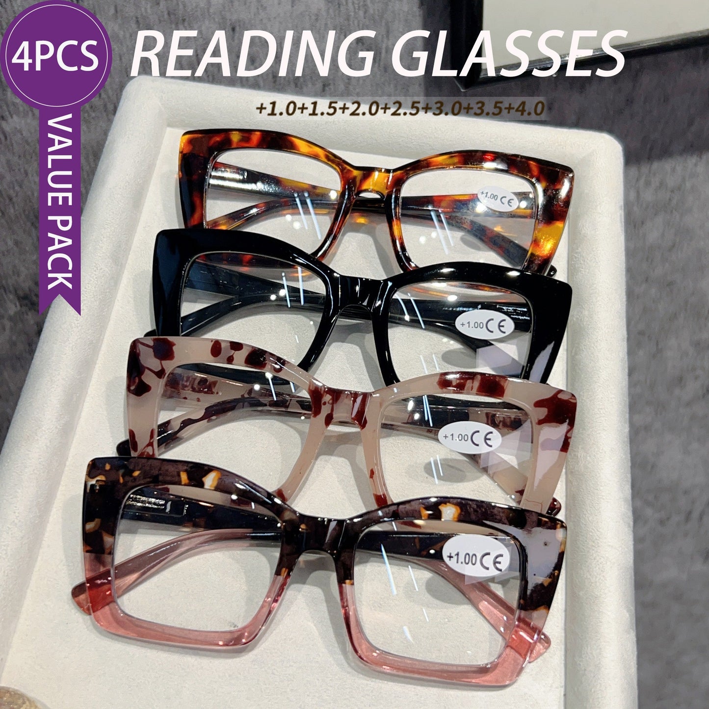 Photochromic Cat Eye Reading Glasses for Women Men 4 Pairs Multi Color Large Frame Spring Hinge Readers +100 to +400 UV Protection Trendy European American Style Holiday Gift Set