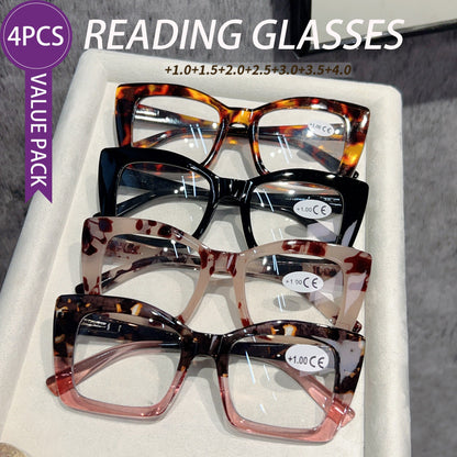 Photochromic Cat Eye Reading Glasses for Women Men 4 Pairs Multi Color Large Frame Spring Hinge Readers +100 to +400 UV Protection Trendy European American Style Holiday Gift Set