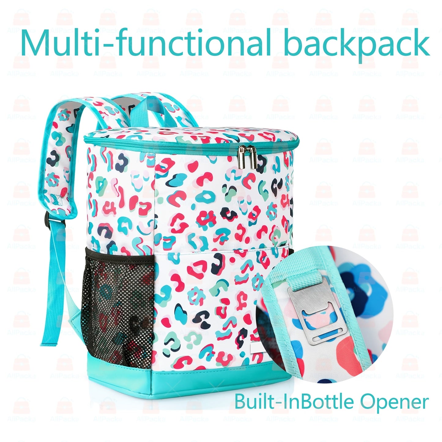 Insulated Cooler Backpack 30 Can Leopard Print with Mesh Pockets & Adjustable Straps - Leakproof Nylon Cooler Bag for Beach Camping Picnic Hiking Travel Daily Use