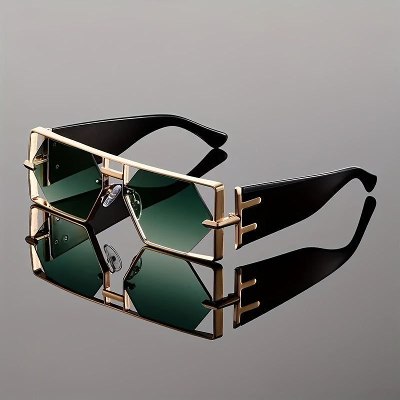 Oversized Hollow Square Sunglasses for Women & Men – UV Protection Metal Frame, PC Lens, Trendy Exaggerated Style, Beach Vacation & Summer Fashion Eyewear with Protective Case