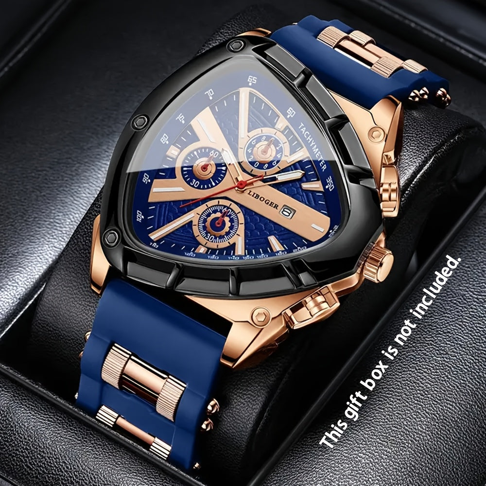 3pcs Men's Quartz Watch Set – Silicone Strap Date Display Triangular Dial, Fashion Sport Casual Wrist Watches for Men, Ideal Birthday Anniversary Gift Set