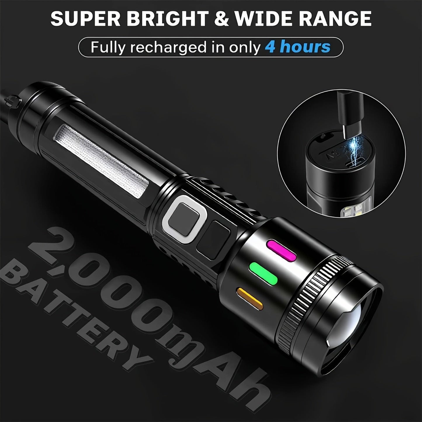 2 Pack Rechargeable LED Tactical Flashlight with Telescopic Zoom, COB Side Light & 5 Modes, High Power Handheld Flashlight USB-C for Camping Hiking Biking Emergency – Best Gift for Him