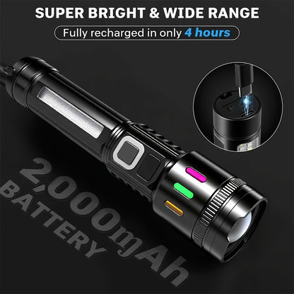 2 Pack Rechargeable LED Tactical Flashlight with Telescopic Zoom, COB Side Light & 5 Modes, High Power Handheld Flashlight USB-C for Camping Hiking Biking Emergency – Best Gift for Him