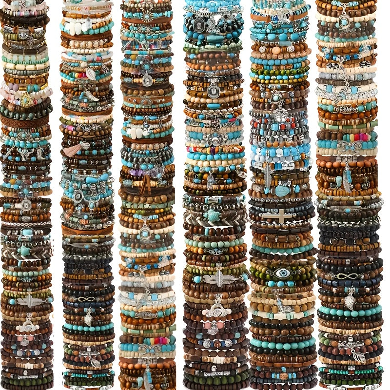 42pcs Vintage Bohemian Wooden Beaded Bracelet Set for Women & Men – Ethnic Stackable Boho Hand String Bracelets Random Mix, Outdoor Festival Holiday Jewelry Accessory Collection