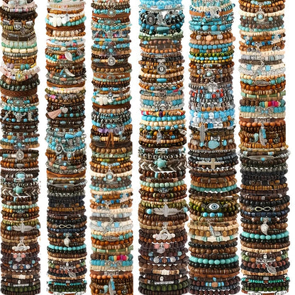 42pcs Vintage Bohemian Wooden Beaded Bracelet Set for Women & Men – Ethnic Stackable Boho Hand String Bracelets Random Mix, Outdoor Festival Holiday Jewelry Accessory Collection