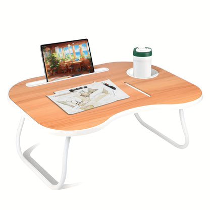 Lap Desk for Laptop with USB Port Storage Drawer & Cup Holder – Walnut Wood Bed Tray Table for Eating Writing Sofa Couch Adults Students