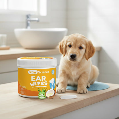 Dog Ear Cleaner Wipes with Finger Wipe Design - Soothing Deodorizing Itch Relief Coconut Scent Pet Ear Cleaning Wipes for All Dog Breed Sizes, Gentle and Easy to Use at Home