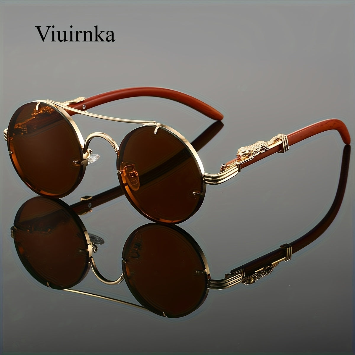 Round Metal Frame Sunglasses with Gradient PC Lenses Double Bridge Leopard Hinges Unisex Trendy Eyewear with Protection Case for Women and Men Vacation Street Style