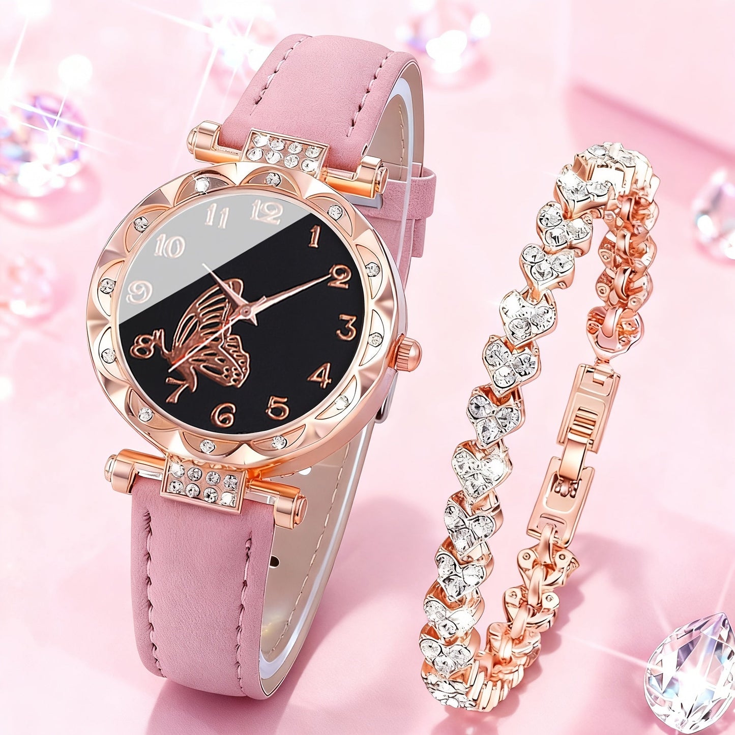 Rhinestone Heart Watch Set for Women – 2 Quartz Watches with Faux Leather Strap, Rose Gold & Pink Bracelet Wristwatch Gift Set for Valentine's Day, Birthdays & Parties