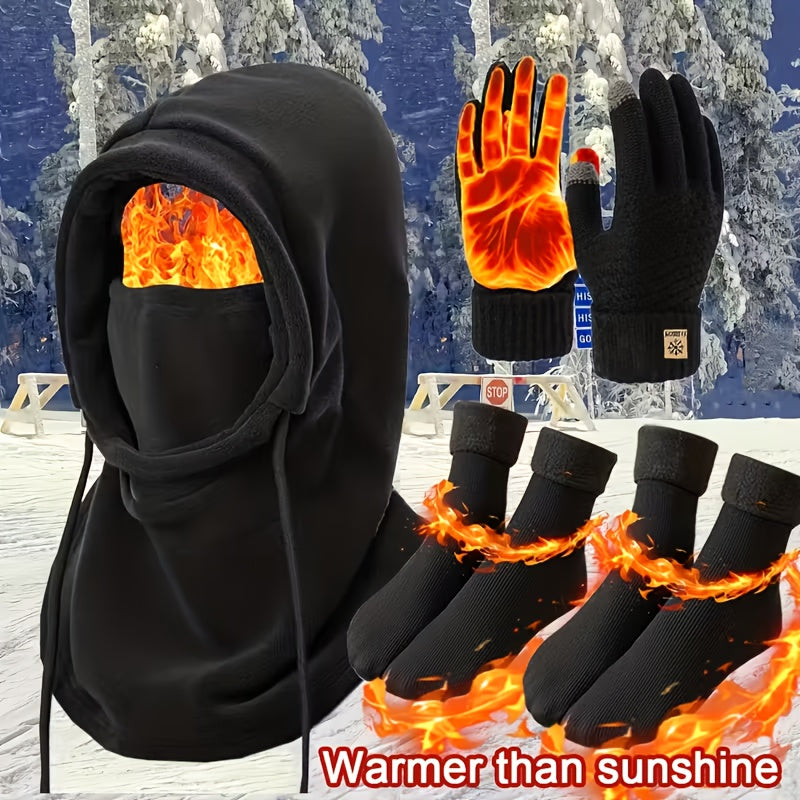 Winter Thermal Set 3/4pcs Windproof Face Mask Touchscreen Gloves Thick Fleece Socks Cold Weather Gear for Snowboarding Skiing Hiking Ice Fishing – Lightweight Warm Outdoor Accessories Bundle