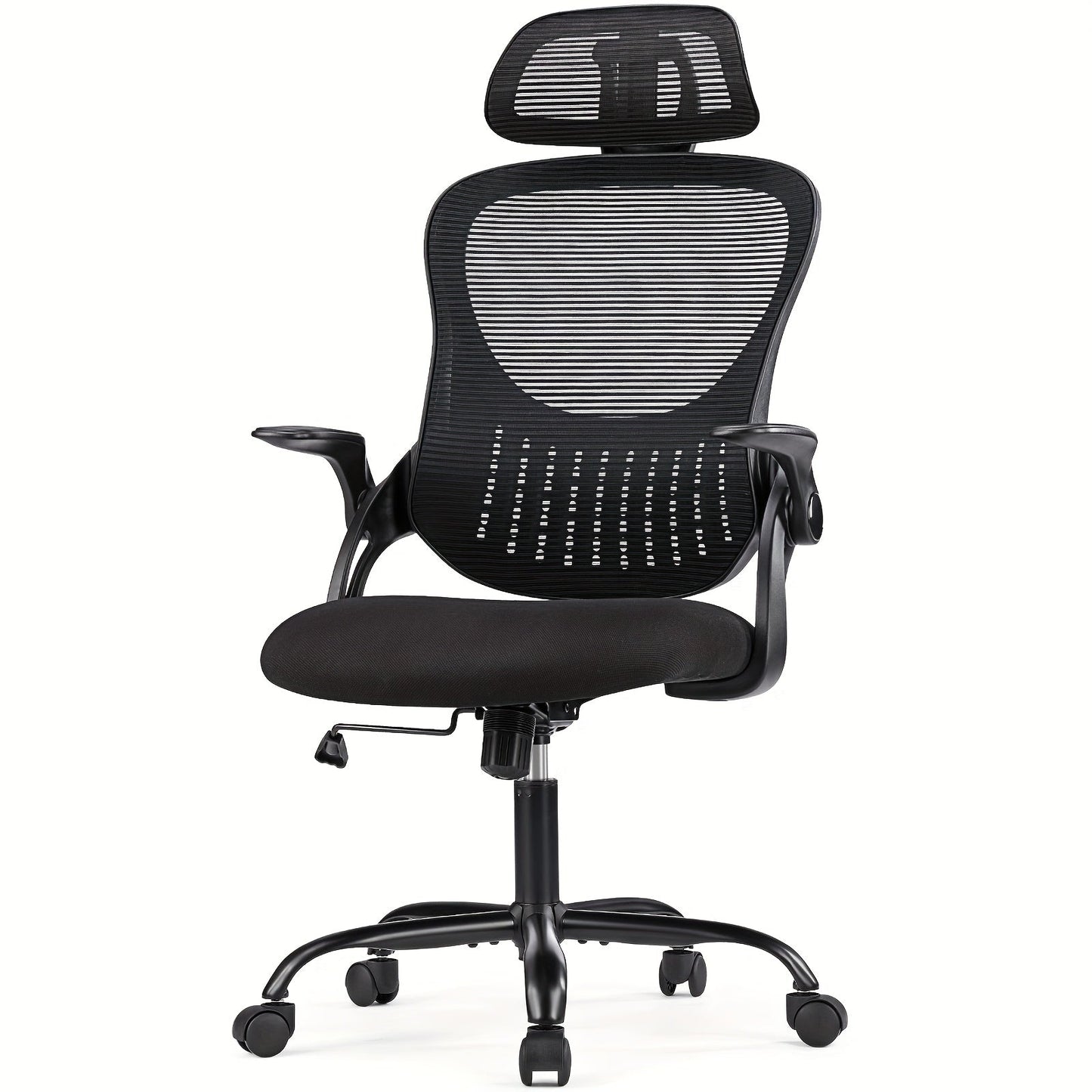 Ergonomic High Back Mesh Office Chair with Adjustable Headrest, Lumbar Support & Flip-Up Armrests – Stainless Steel Frame, Padded Seat, 5-Wheel Rolling Base – Home Office, Lab & Desk Chair (Black/Gray)