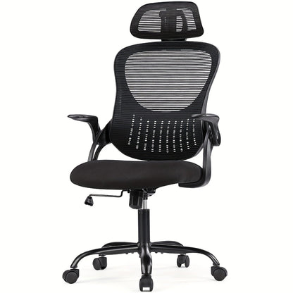 Ergonomic High Back Mesh Office Chair with Adjustable Headrest, Lumbar Support & Flip-Up Armrests – Stainless Steel Frame, Padded Seat, 5-Wheel Rolling Base – Home Office, Lab & Desk Chair (Black/Gray)