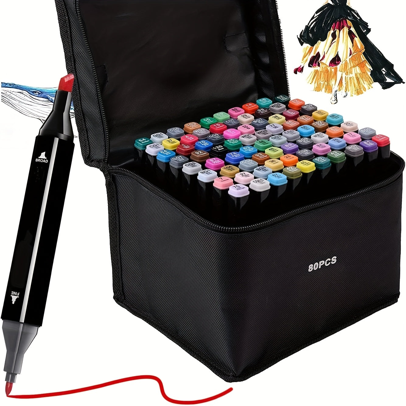 Dual Tip Alcohol Markers Set with Carrying Case 32 to 172 Colors – Professional Artist Markers for Drawing Sketching Card Making Illustration and Adult Coloring with Custom Packaging Bag Option