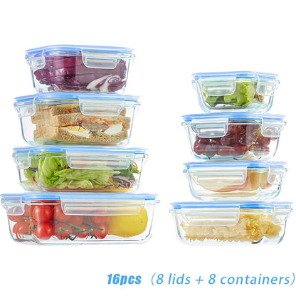 Glass Food Storage Containers Set of 8 with Lids – Borosilicate Leak-Proof Meal Prep Containers, Oven Microwave Dishwasher Safe, Stackable Kitchen Storage for Leftovers & Lunch