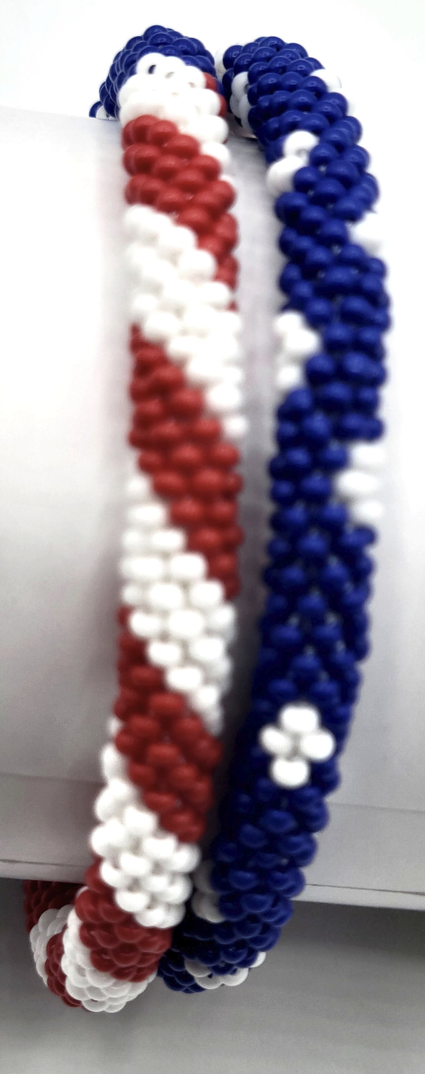 Set of 2 Handmade USA Flag Patriotic Glass Bead Bracelets – Boho Roll-On Crochet Bangles for Men & Women, Nepal Artisan Jewelry, Red White Blue Beaded Bracelet Set, 4th of July Gift