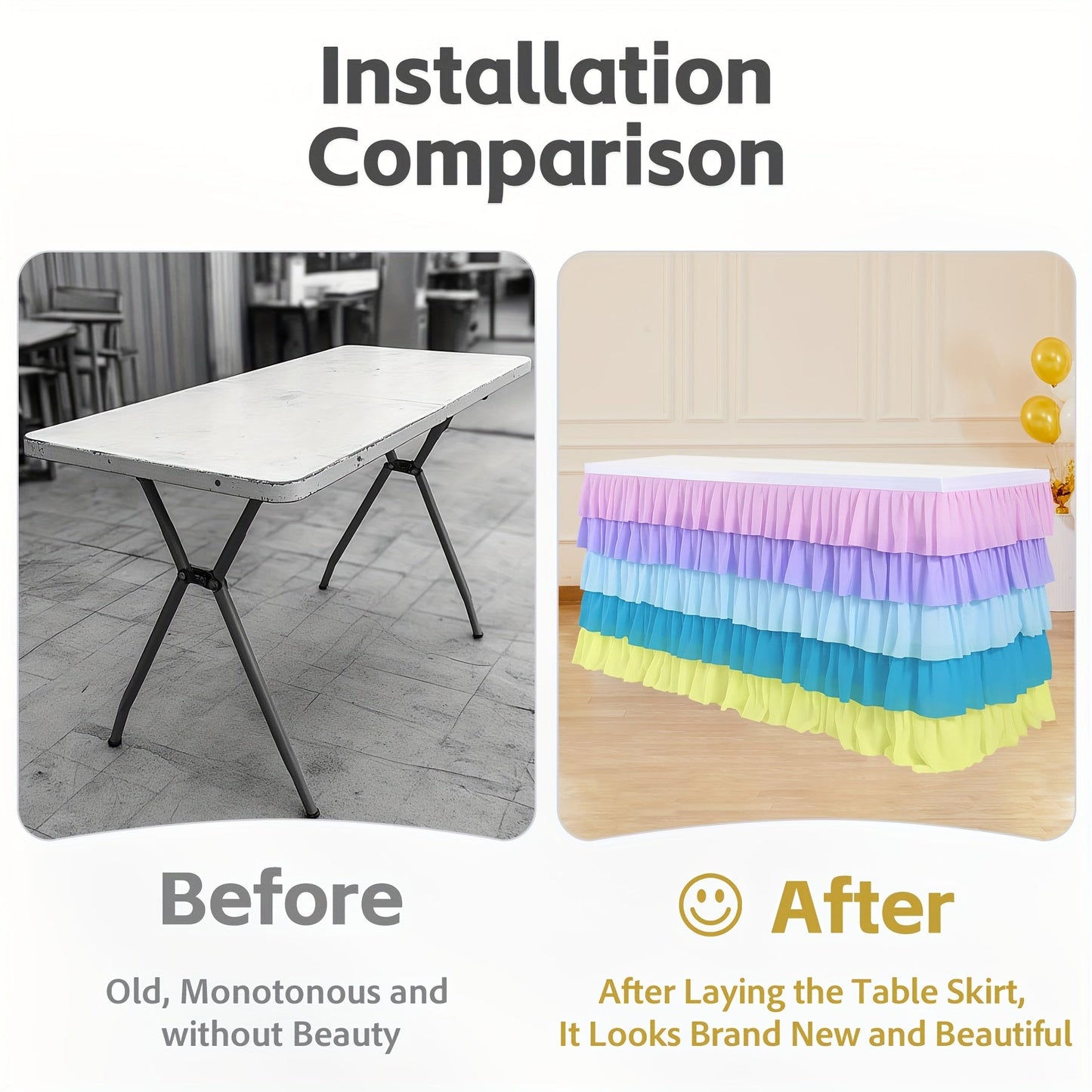 6ft Tulle Tutu Table Skirt – Chiffon Ruffle Table Skirting for Birthday Party, Wedding, Bridal Shower, Girls Party & Holiday Decor – Easy Hook & Loop Install, 12 Colors (72"L x 30"H)