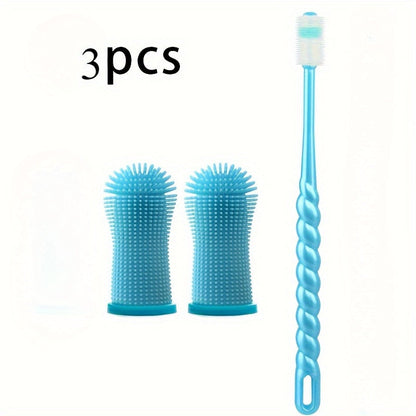 3-Piece Pet Dental Care Silicone Toothbrush Set 360° Finger Brush & Micro-Ciliated Brush for Dogs & Cats Soft Gentle No Battery Required