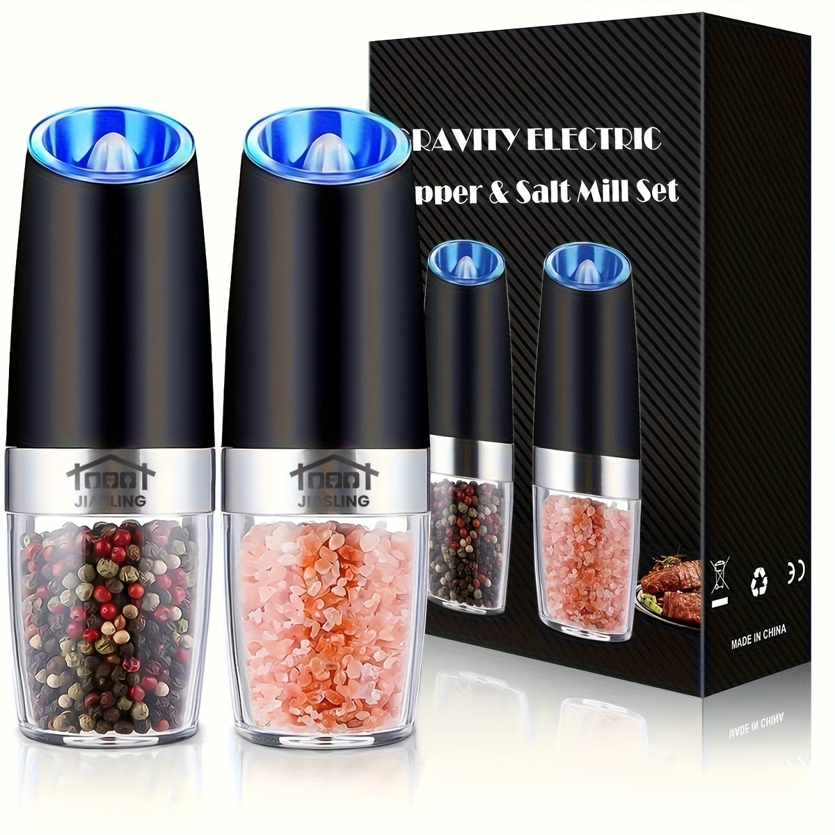 2-Pack Electric Salt and Pepper Grinder Set – Gravity-Powered Automatic One-Handed Operation, Battery-Powered LED Light, Adjustable Coarseness, Black Rocking Chair Design, Creative Kitchen Gift