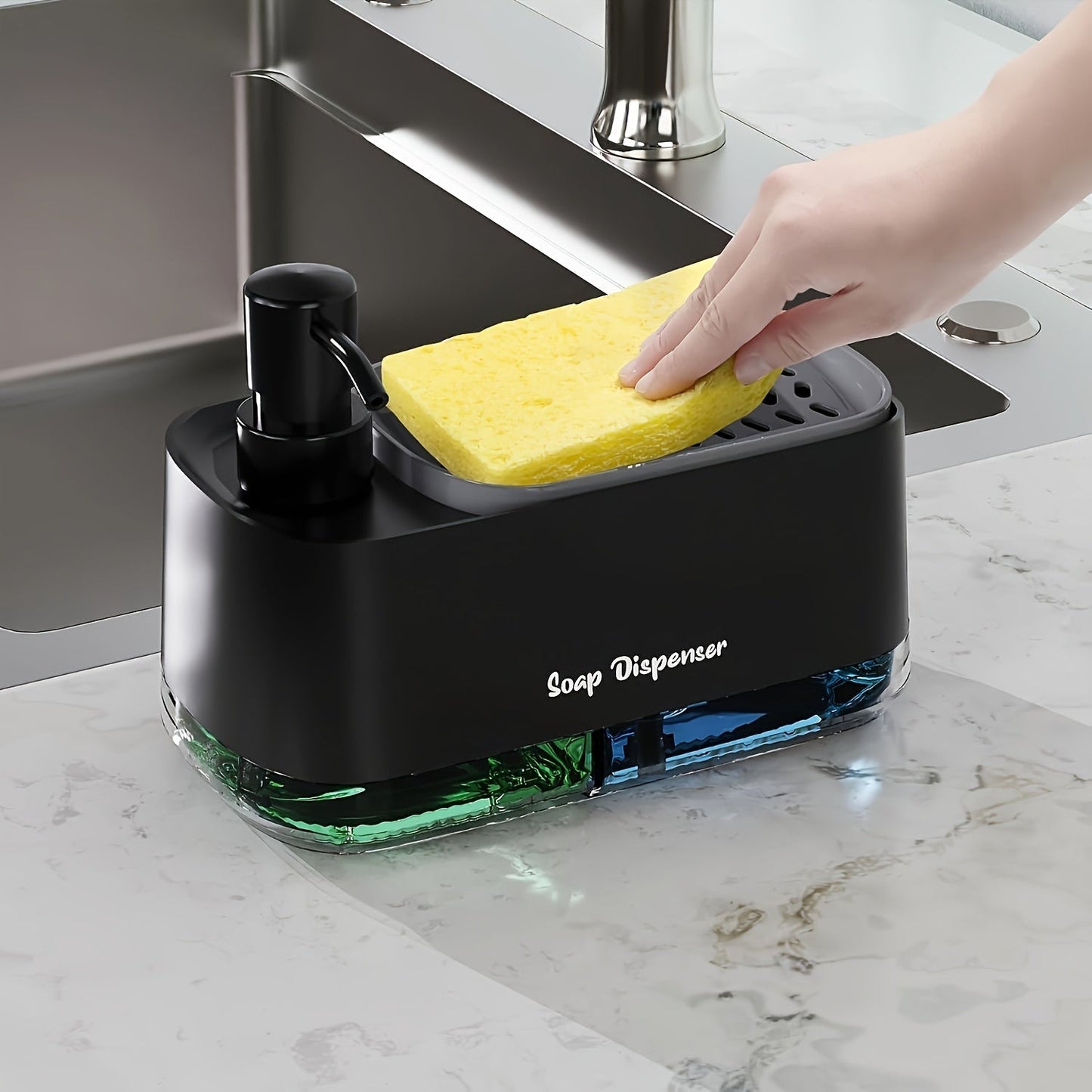 2-in-1 Soap Dispenser with Built-In Sponge Holder for Kitchen Sink – Countertop Pump Dispenser for Hand & Dish Soap, Detergent Dispenser, Easy Refill, Ideal Kitchen Organizer