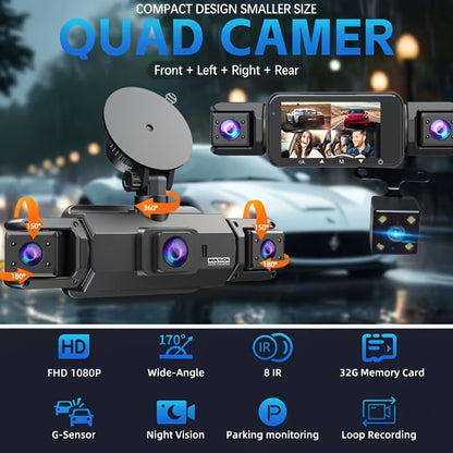 360° Dash Cam 3/4 Channel 1080P HD with Night Vision WDR G-Sensor Loop Recording 24/7 Parking Monitor WiFi, Multi-Lens Car Camera System for Full Coverage Zero Blind Spots