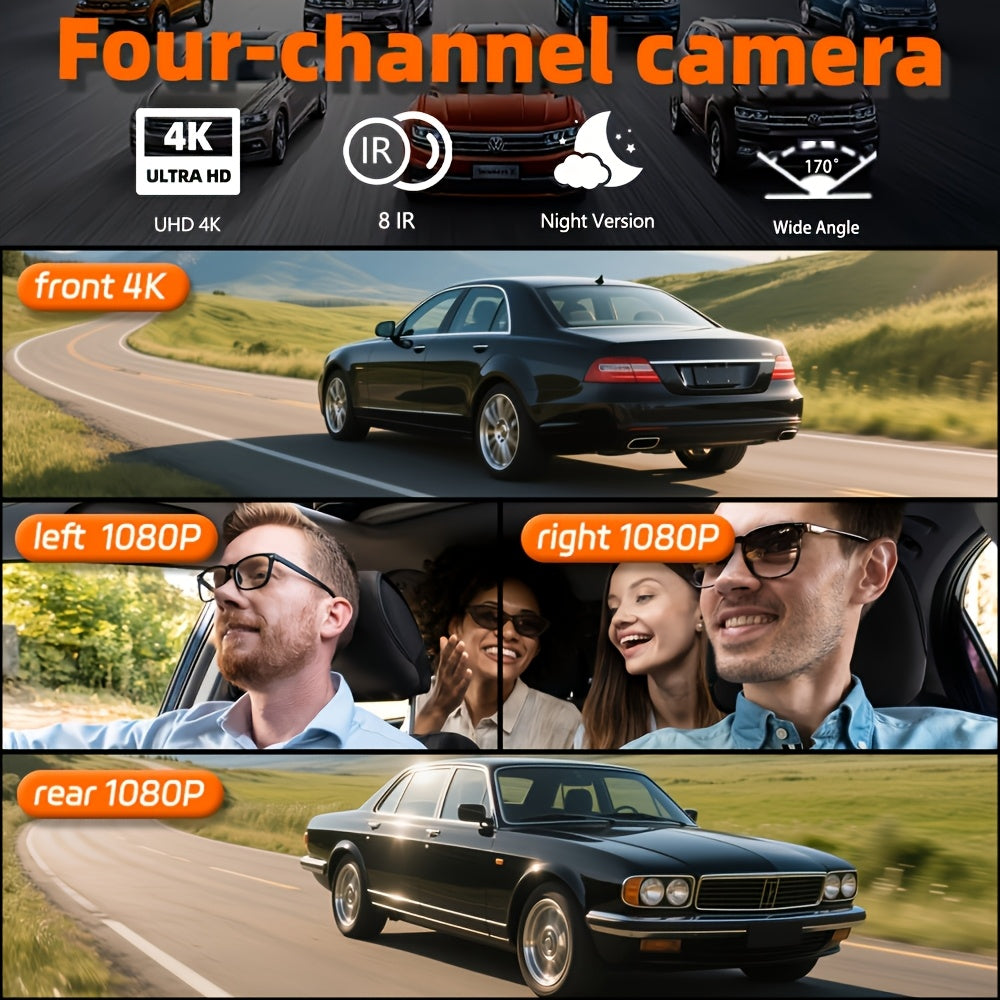 4K Dash Cam 360° Rotary 4-Channel Car DVR – Free 32GB SD Card, Night Vision, 24H Loop Recording, Parking Monitor, Front 4K + Rear Left Right 1080P, for Cars SUVs Trucks Rideshare