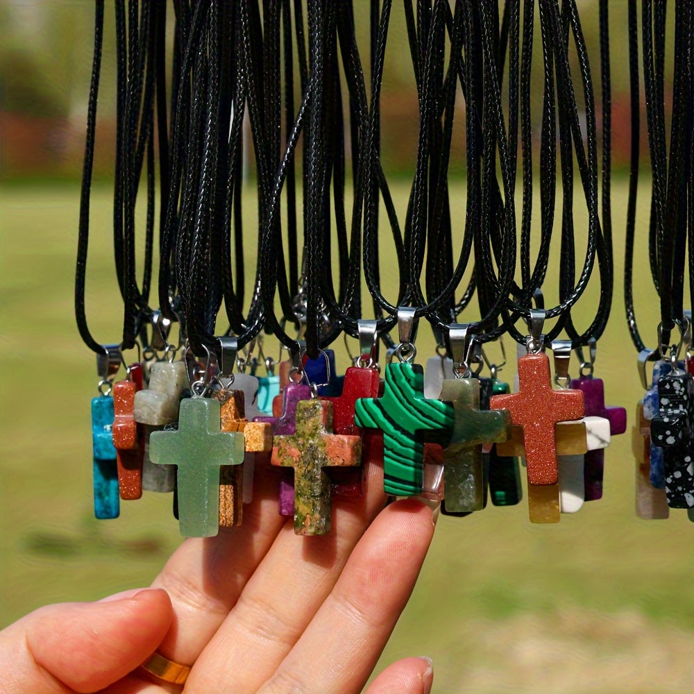 40pcs Natural Stone Cross Pendant & Necklace DIY Kit – 20 Quartz Imitation Gem Cross Pendants + 20 Adjustable Black Faux Leather Necklaces, Bulk Jewelry Making Supplies for Teens Women Bracelets Earrings Crafts