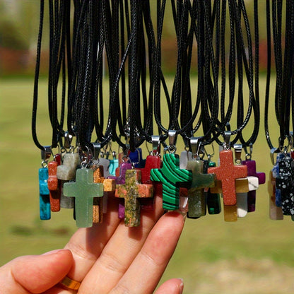 40pcs Natural Stone Cross Pendant & Necklace DIY Kit – 20 Quartz Imitation Gem Cross Pendants + 20 Adjustable Black Faux Leather Necklaces, Bulk Jewelry Making Supplies for Teens Women Bracelets Earrings Crafts