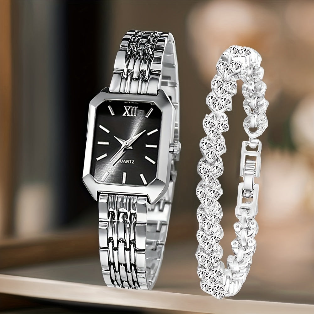 Women's Retro Quartz Watch Set 2pcs – Elegant Heart Chain Stainless Steel Rectangular Dial Analog Wristwatch, Court Style Luxury Timepiece Gift for Wedding, Easter, Birthday & Casual Wear