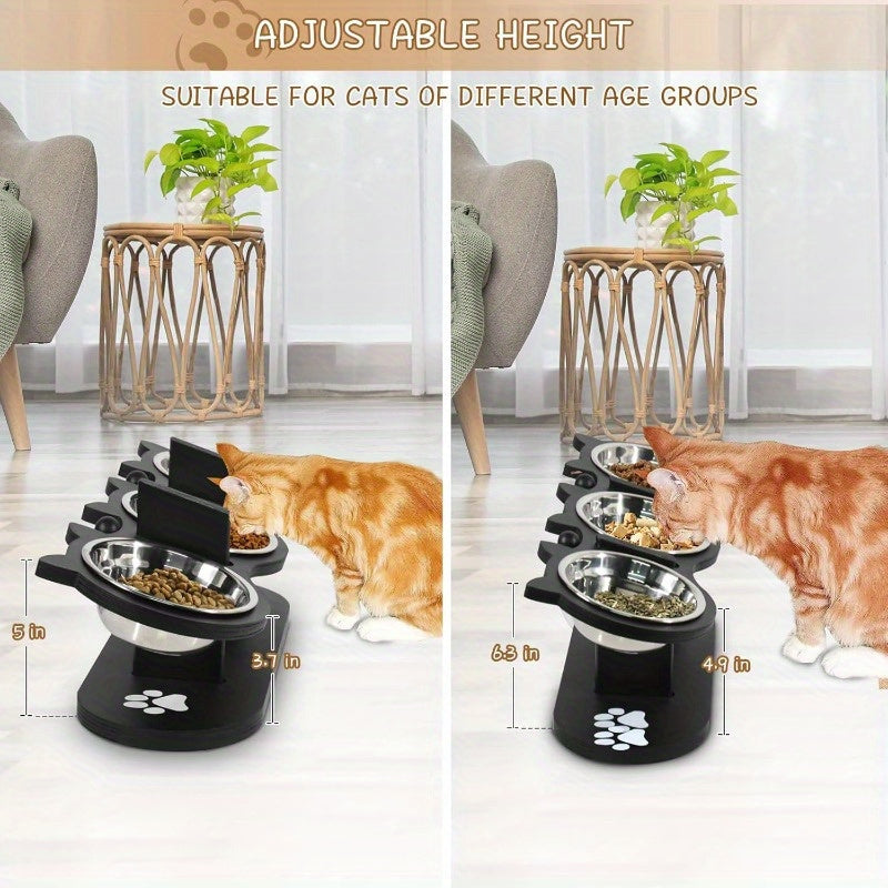 Elevated Cat Bowl Stand with 15° Tilted Stainless Steel Bowls – Adjustable Raised Feeder for Cats & Small Dogs, Anti-Spill Black Wooden Base, Set of 2 or 3 Bowls for Food and Water
