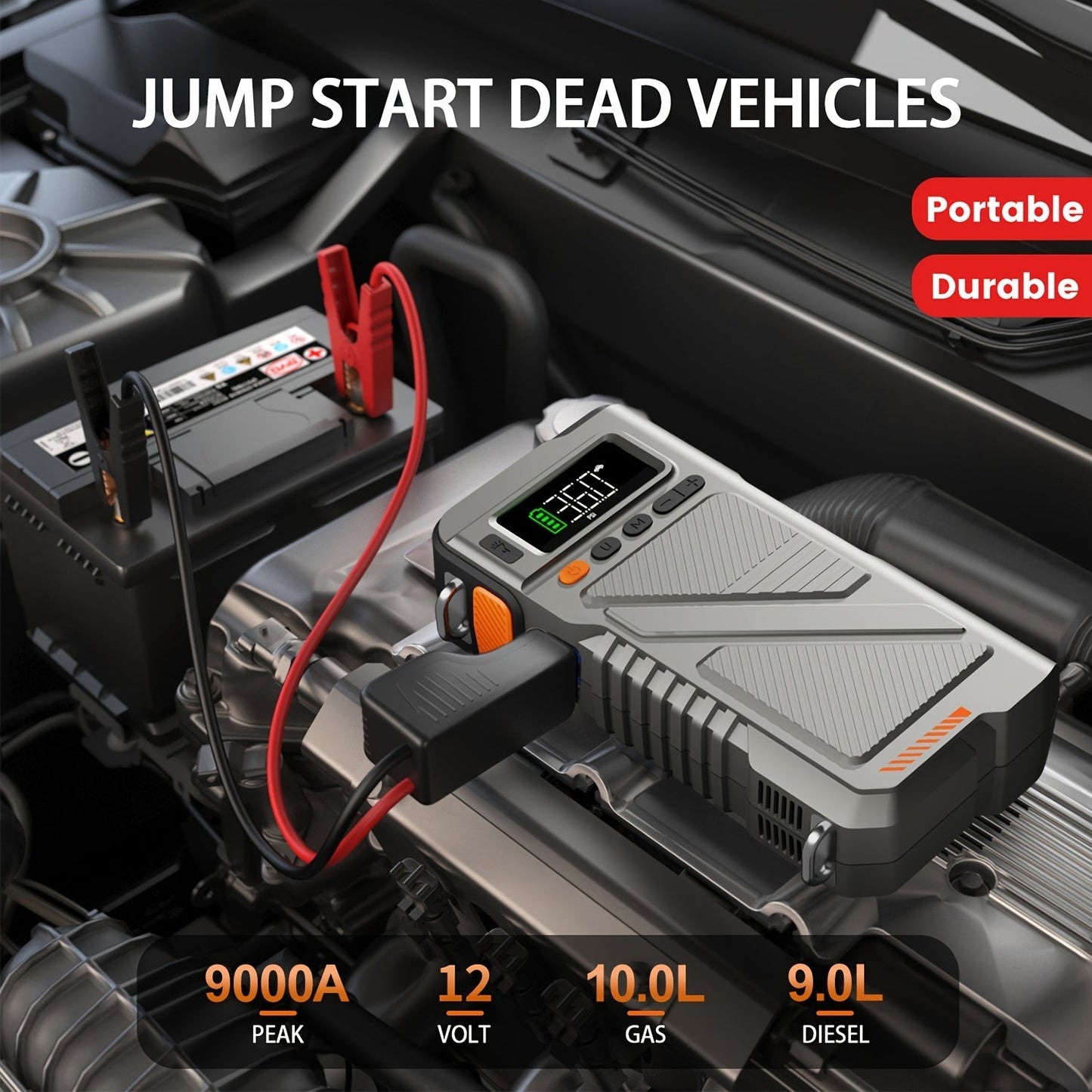 6000A/9000A Portable Jump Starter with 150 PSI Air Compressor – 7-in-1 Jump Box with Digital Tire Inflator & Battery Pack for Gas (10L) & Diesel (9.0L) Engines, Car Jumper Starter with USB Ports