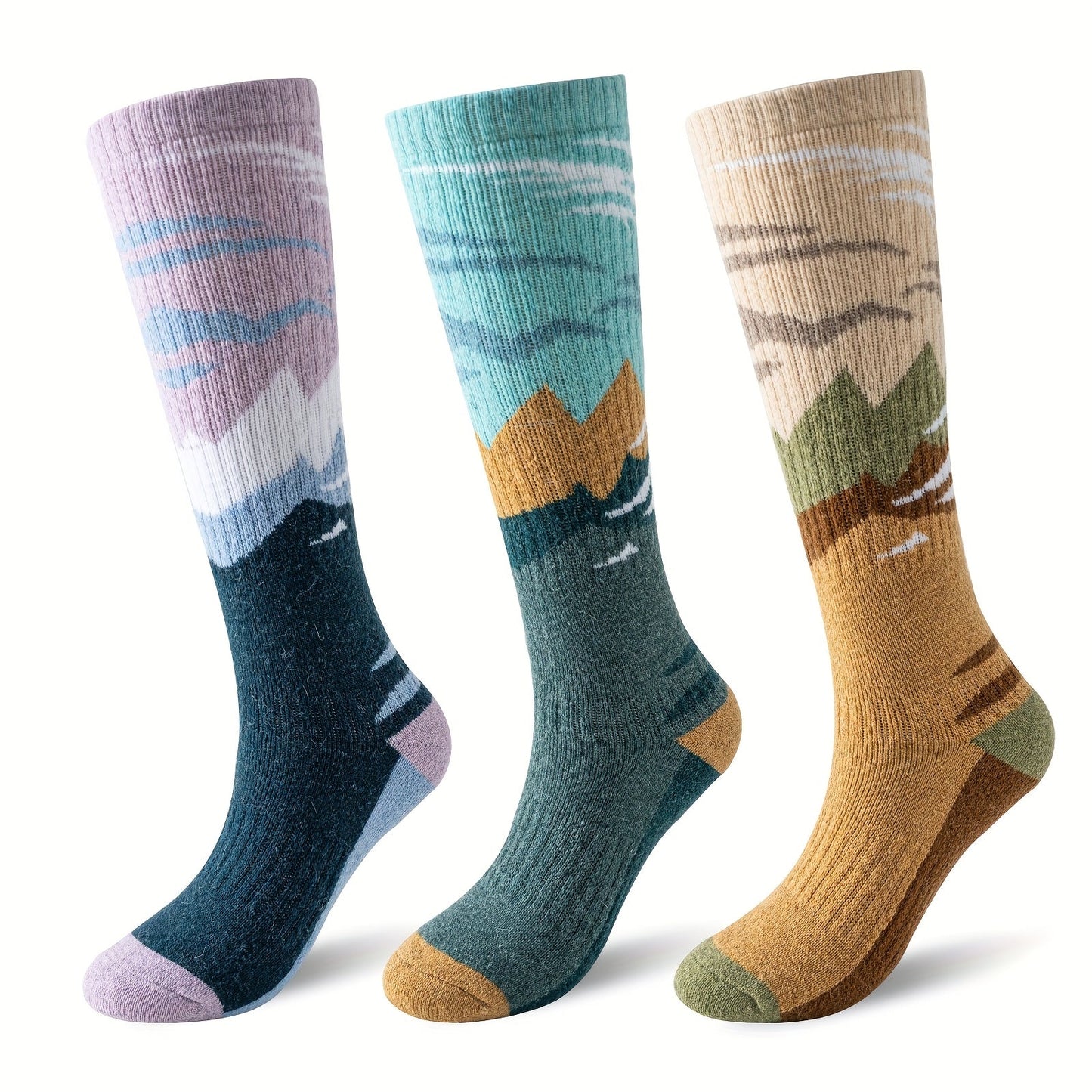 Wool Ski Socks 3 Pairs Thermal Knee High for Men & Women – Thick Warm Winter Socks for Skiing, Snowboarding & Outdoor Sports, 70% Wool, Sizes M & L, Multicolor / Dark / Snow Mountain