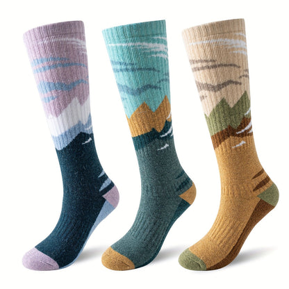 Wool Ski Socks 3 Pairs Thermal Knee High for Men & Women – Thick Warm Winter Socks for Skiing, Snowboarding & Outdoor Sports, 70% Wool, Sizes M & L, Multicolor / Dark / Snow Mountain