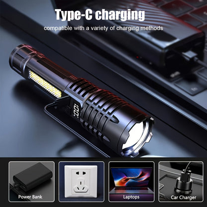 Rechargeable Tactical Flashlight 2 Pack USB COB LED – Ultra Bright 5 Modes Zoomable 200-500M Beam LCD Display for Camping Fishing Hunting Cycling Emergency