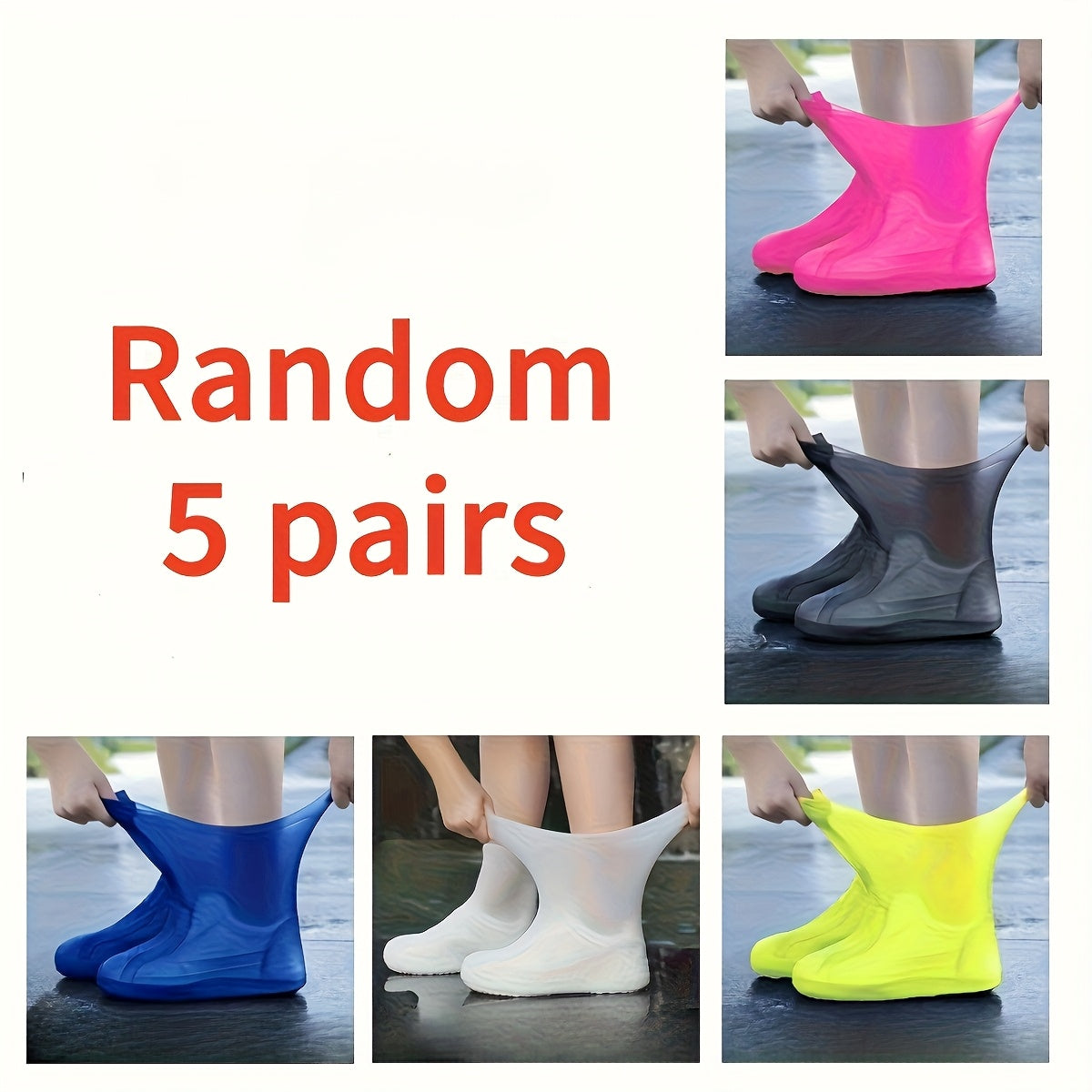 Reusable Latex Rain Boot Shoe Covers Waterproof Overshoes for Men Women & Kids – 5 Pairs Mixed Colors, One Size Fits All (EU 34-45), Durable Non-Slip Rain Protection for Outdoor Use