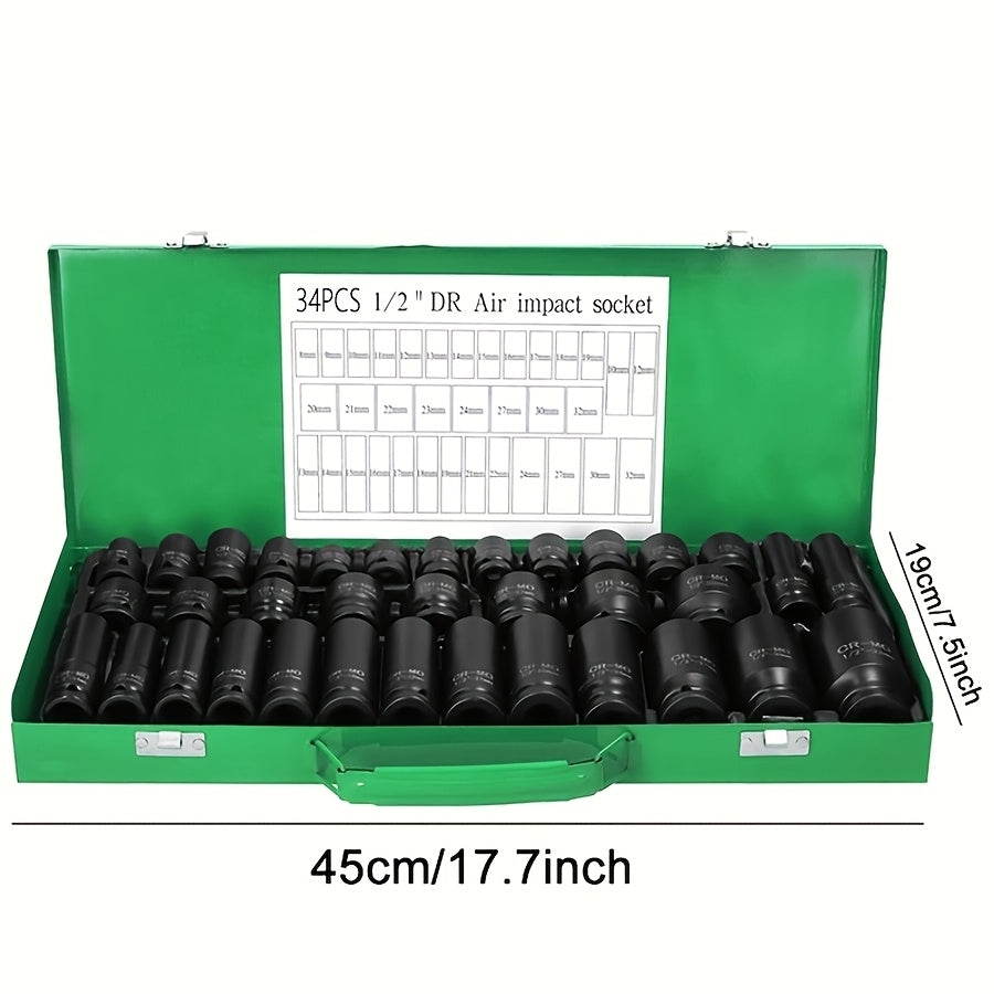 Impact Socket Set CR-V SAE & Metric 6-Point with Ratchet Handle Extension Rod – Choose 34pc 1/2" Drive, 47pc 3/8" Drive, or 53pc Tool Set for Car Repair Home Maintenance & Professional Use