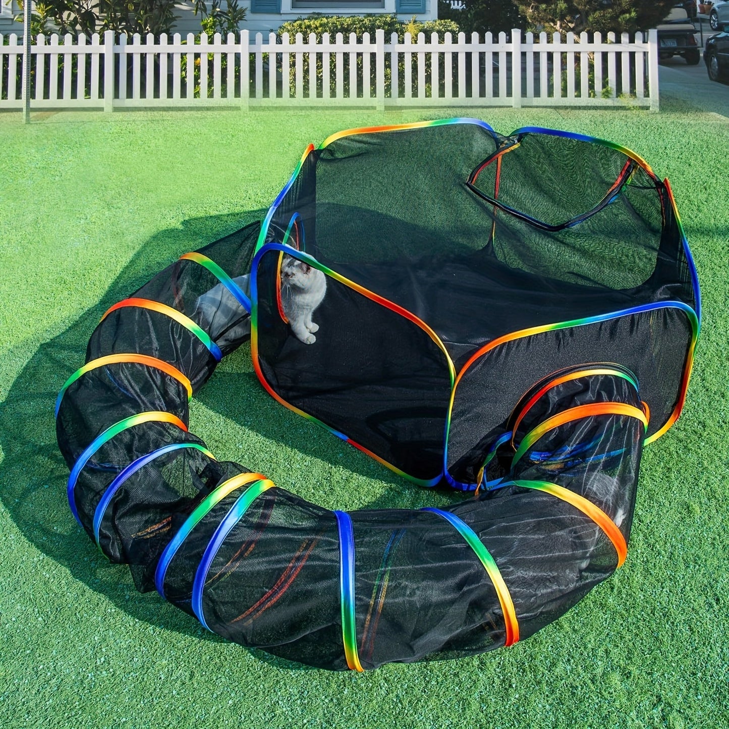 Rainbow Cat Playpen Outdoor Cat Enclosure with Circle Tunnel and Portable Pop-Up Tent, Foldable Cat Playground for Cats Kittens and Small Animals Indoor Outdoor Use