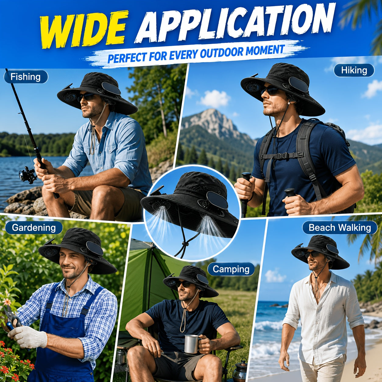 Solar Fan Hat for Men & Women – Wide Brim Sun Hat with Dual Cooling Fans Adjustable Airflow & UV Protection for Summer Travel Gardening Hiking Camping & Yard Work