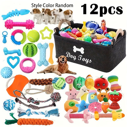 Interactive Dog Toy Set 6 & 12 Pcs – Squeaky Knot Fabric Chew Toys with Cartoon Patterns for All Breed Sizes, Teeth Cleaning & Training Play Set with Squeakers, Knot Toys & Balls, No Battery Needed