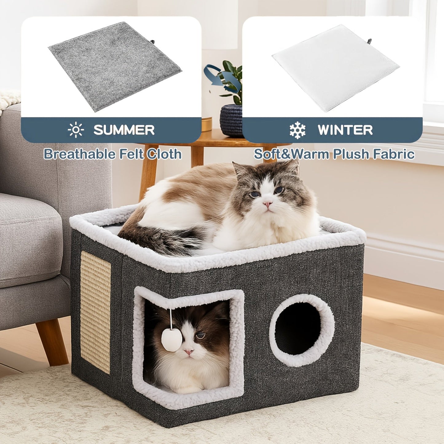Luxury Multi-Level Cat House Indoor Outdoor 2-Layer Bed Toy Tunnel Foldable Sofa Cat Scratching Board Climbing Rope Soft Cushion Cat Play Cube Weatherproof Nylon Frame Cat Arch Stairs