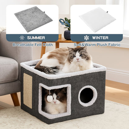 Luxury Multi-Level Cat House Indoor Outdoor 2-Layer Bed Toy Tunnel Foldable Sofa Cat Scratching Board Climbing Rope Soft Cushion Cat Play Cube Weatherproof Nylon Frame Cat Arch Stairs