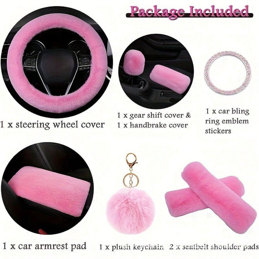 Fluffy Plush Car Steering Wheel Cover 8-Piece Interior Set - Rex Rabbit Fur Universal Fit 14.5-15 Inch, Cute Women's Car Accessories in 12 Colors for SUV Sedan Truck, Pink Purple Black & More