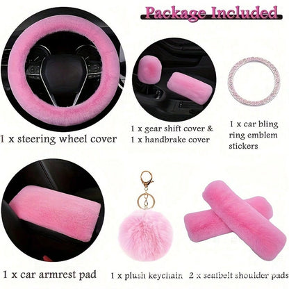 Fluffy Plush Car Steering Wheel Cover 8-Piece Interior Set - Rex Rabbit Fur Universal Fit 14.5-15 Inch, Cute Women's Car Accessories in 12 Colors for SUV Sedan Truck, Pink Purple Black & More