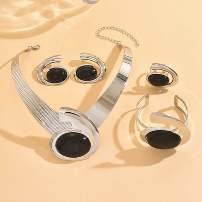 Women's Jewelry Set 5 Pieces - Elegant Acrylic Geometric Comma Pendant Necklace Earrings Rings & Bracelet Matching Set, Durable Fashion Jewelry for Parties Weddings & Special Occasions