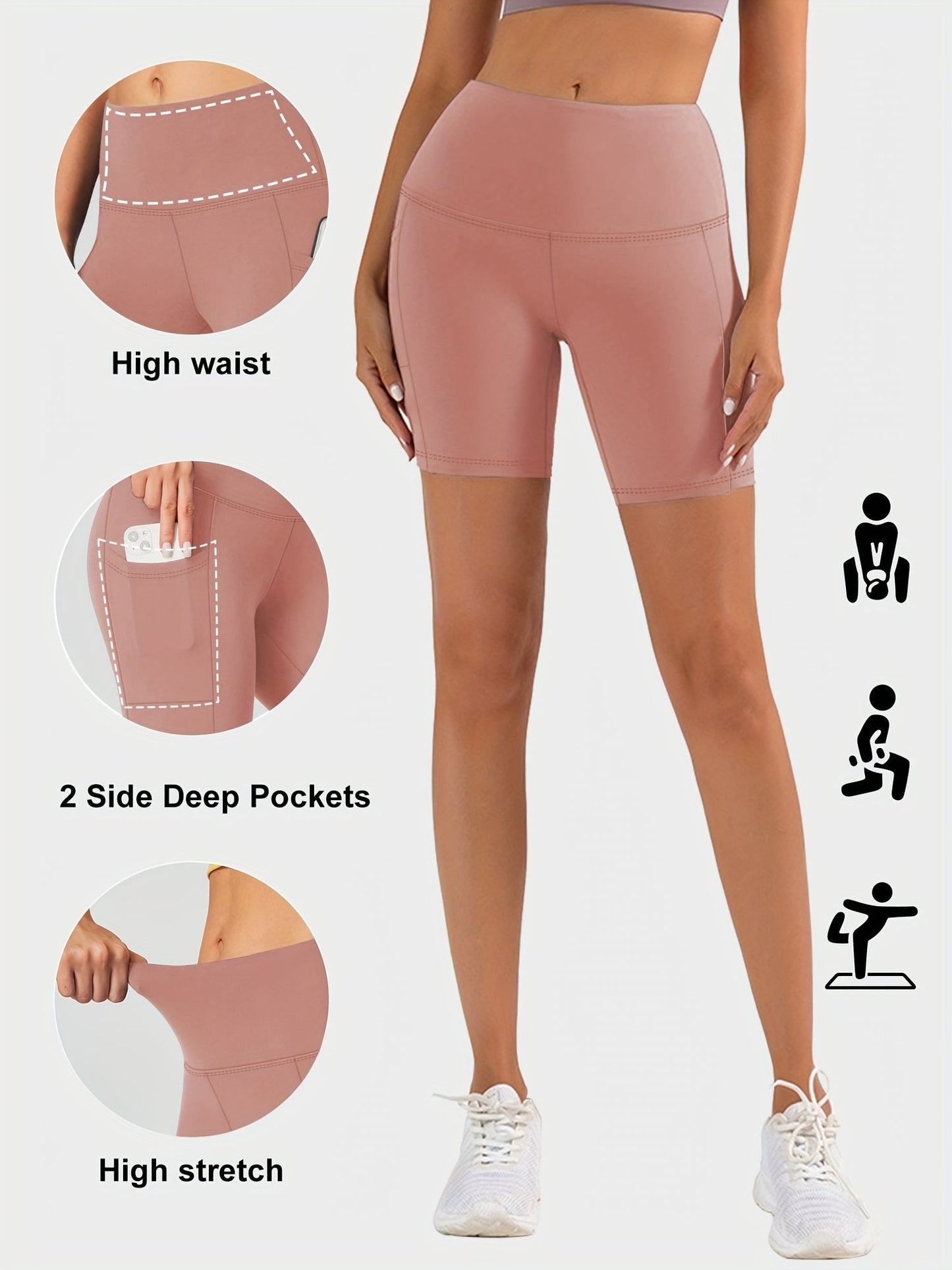 Women's High Waist Yoga Shorts – 4-Way Stretch Sweat-Wicking Athletic Shorts with Elastic Waistband & Side Pockets for Running, Cycling & Training – Black, Dark Gray & Navy, Sizes S-XXL