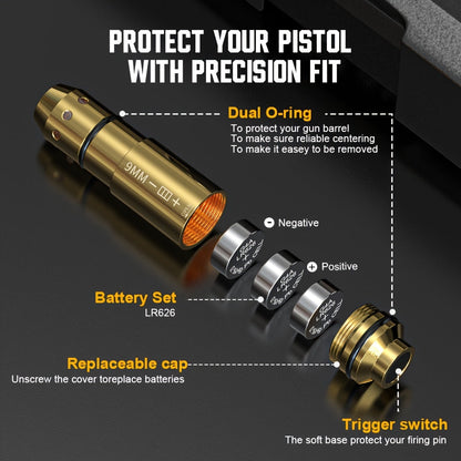 Dry Fire Laser Training Cartridge Multi-Caliber – 9mm / 45ACP / .223Rem Laser Bullet for Dry Fire Training System & Bore Sighter, Durable Copper, Class IIIA 650nm, 9 Batteries Included – Shooting Gift for Men