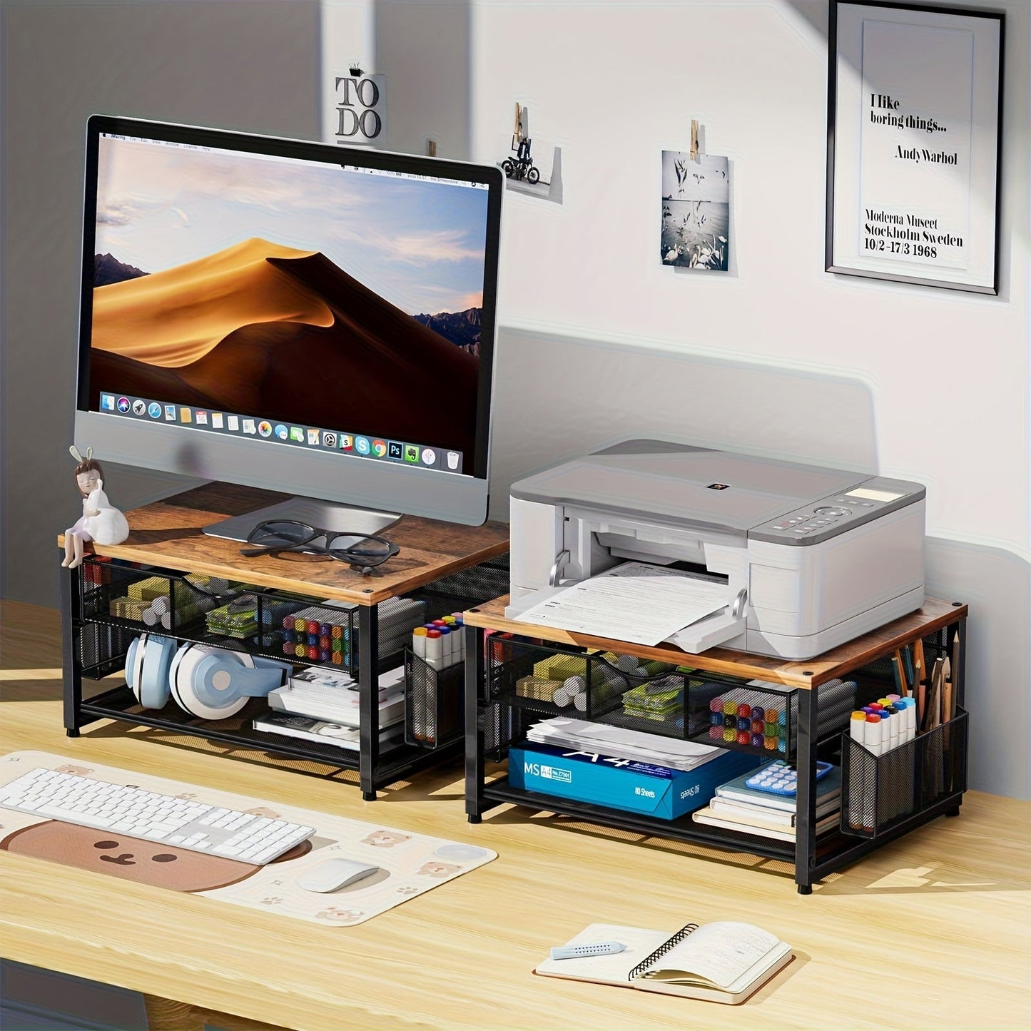Metal Printer Stand for Desk with Storage Drawer & 2 Pen Holders – 2-Tier Desktop Organizer for Home Office, Multi-Purpose Printer Table for Fax Machine Scanner Files, Wood & Black