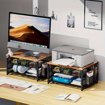 Metal Printer Stand for Desk with Storage Drawer & 2 Pen Holders – 2-Tier Desktop Organizer for Home Office, Multi-Purpose Printer Table for Fax Machine Scanner Files, Wood & Black