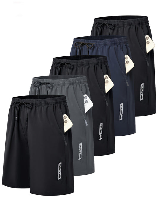 Men's Athletic Shorts 5-Pack – Quick-Dry Gym Workout & Basketball Shorts with Stretch Waistband & Side Zip Pocket, Lightweight Activewear for Running, Hiking & Casual Wear