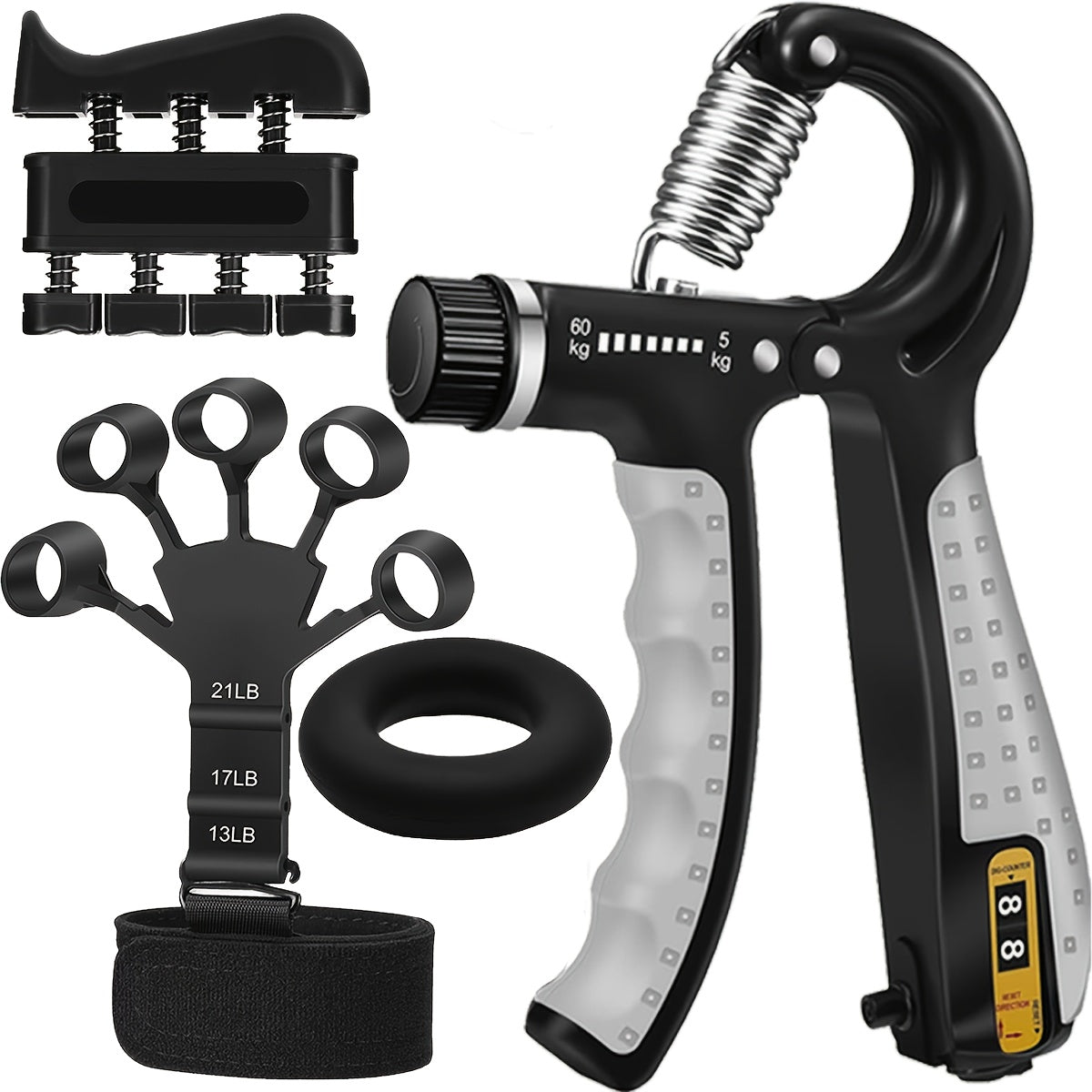 Grip Strength Training Set 4-Piece – Forearm Gripper, Finger Exerciser, Hand Strength Ring & Finger Stretcher with Wrist Strap for Men Women Athletes